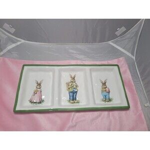 New Bunny Rabbit Family Divided Tray Section Plate Platter Easter Spring Decor